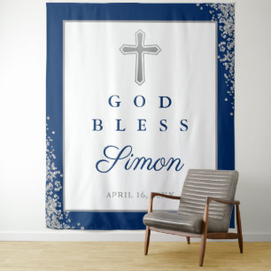 Silver Glitter Navy Blue Personalised God Bless Tapestry