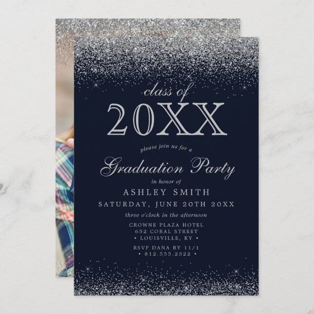 Silver Glitter Navy Blue Photo Graduation Invitation (Front/Back)
