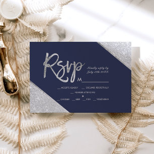 Silver glitter navy blue script wedding Rsvp Card