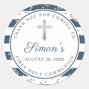 Silver Glitter Navy Blue Stripe First Communion Classic Round Sticker