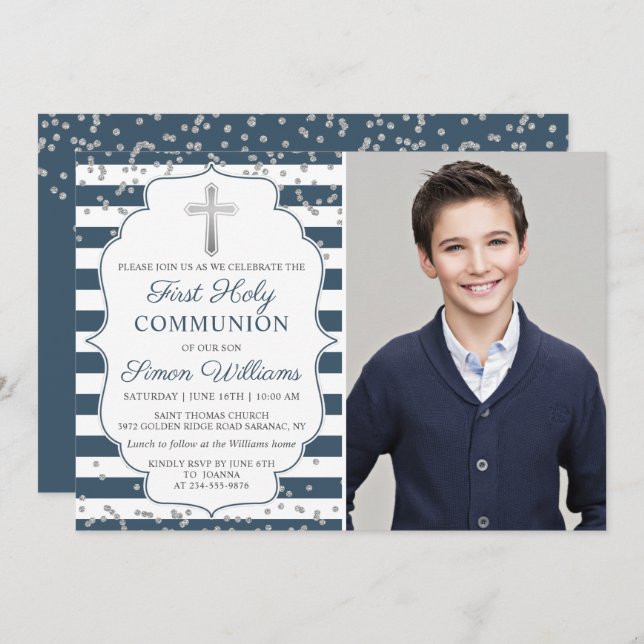 Silver Glitter Navy Blue Stripes First Communion Invitation (Front/Back)