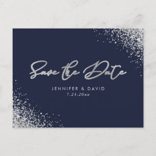 Silver Glitter Navy Blue Wedding Save The Date Announcement Postcard