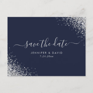 Silver Glitter Navy Blue Wedding Save The Date Announcement Postcard