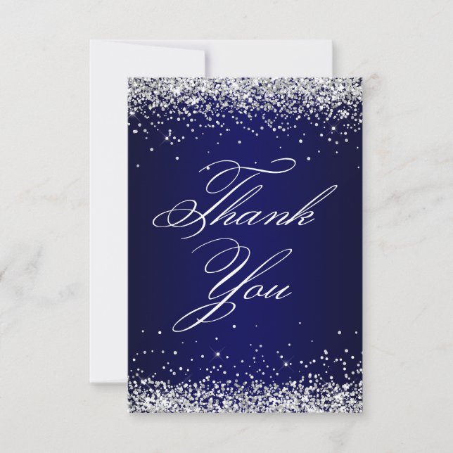 Silver Glitter Navy Ombre Elegant 40th Birthday Thank You Card (Front)