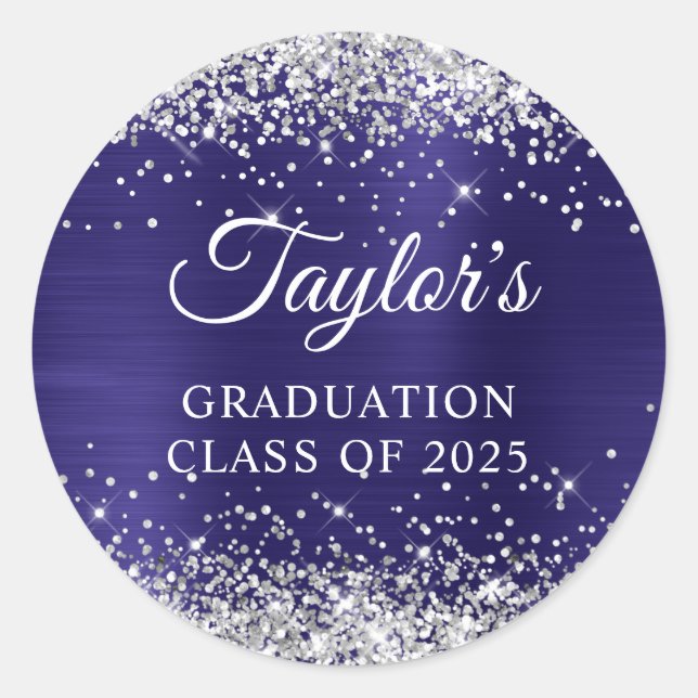 Silver Glitter New Dark Blue Foil Graduation Classic Round Sticker (Front)