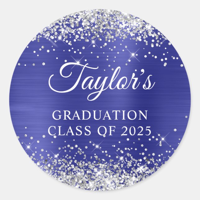 Silver Glitter New Deep Blue Foil Graduation Classic Round Sticker (Front)