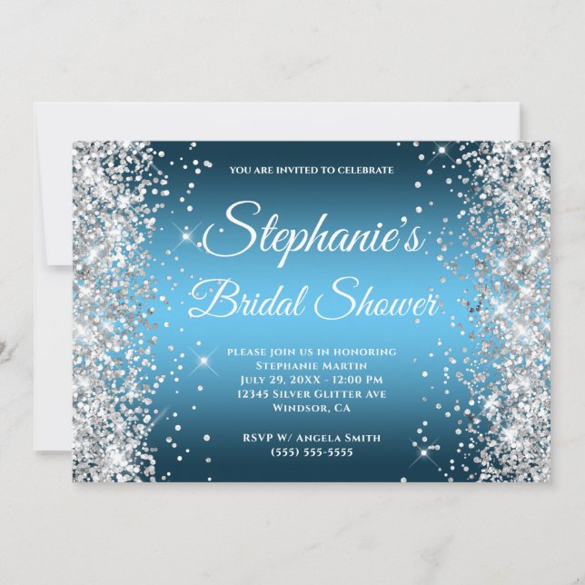 Silver Glitter Ocean Sky Blue Ombre Fancy Monogram Invitation (Front)