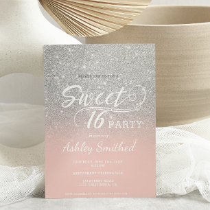 Silver glitter ombre blush pink Sweet 16 Invitation