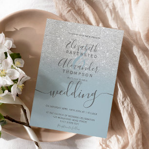 Silver glitter ombre dusty blue script wedding invitation