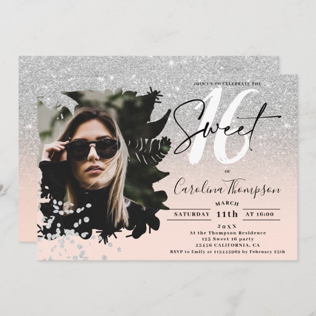 Silver glitter ombre floral pink photo Sweet 16 Invitation (Front/Back)