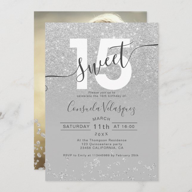 Silver glitter ombre grey Quinceanera photo Invitation (Front/Back)