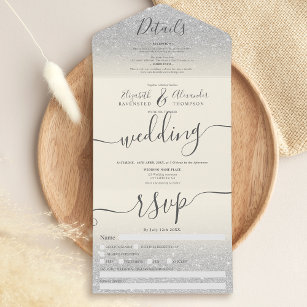 Silver glitter ombre ivory script wedding all in one invitation