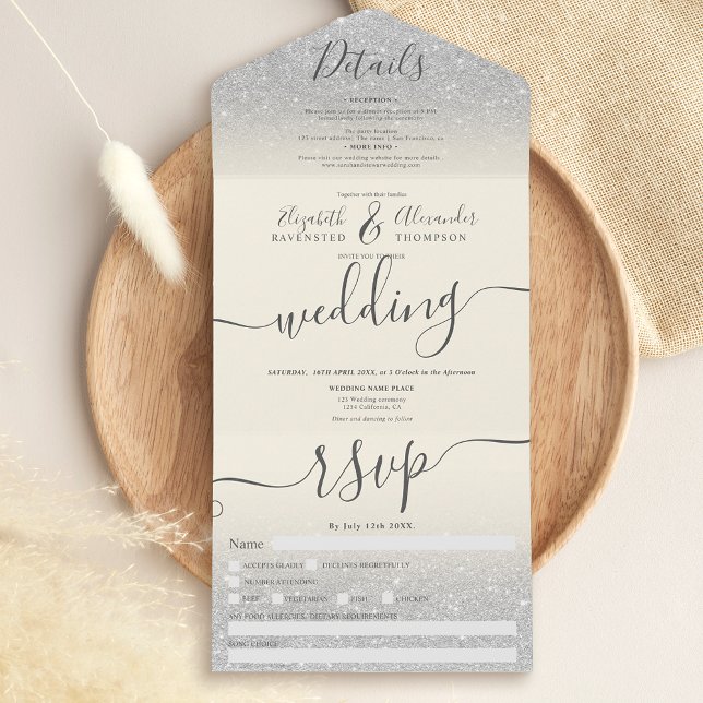 Silver glitter ombre ivory script wedding all in one invitation (Creator Uploaded)