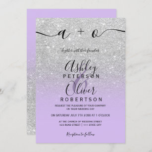 Silver glitter ombre lavender purple wedding invitation