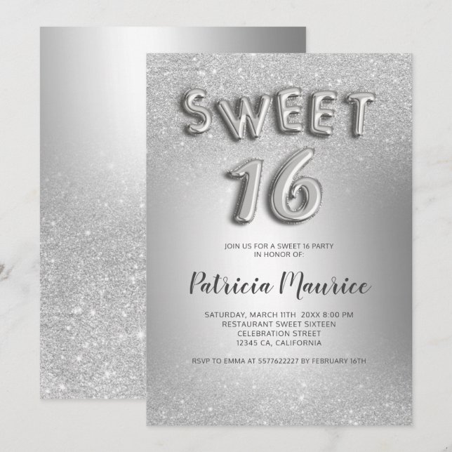 Silver glitter ombre letters grey foil sweet 16 invitation (Front/Back)