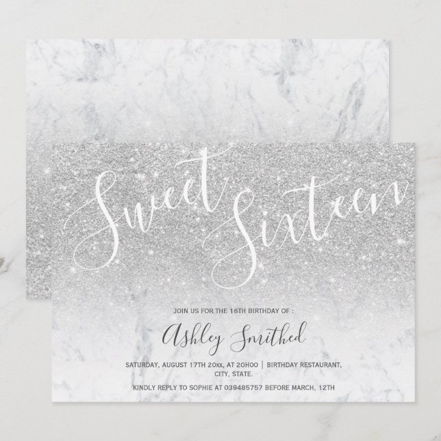 Silver glitter ombre marble sweet sixteen invitation (Front/Back)