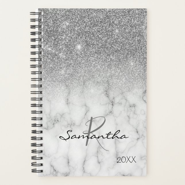 Silver Glitter Ombre Marble Yearly Monogram Planner (Front)