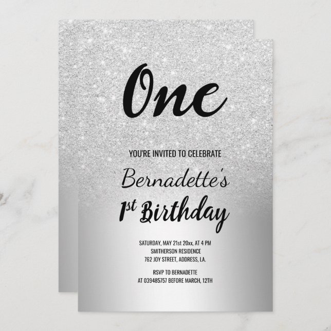 Silver glitter ombre metallic first Birthday Invitation (Front/Back)