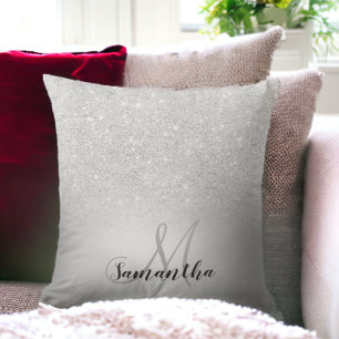 Silver glitter ombre metallic foil monogram cushion