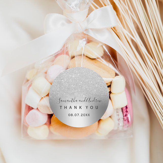Silver glitter ombre metallic foil Thank you Classic Round Sticker (Creator Uploaded)
