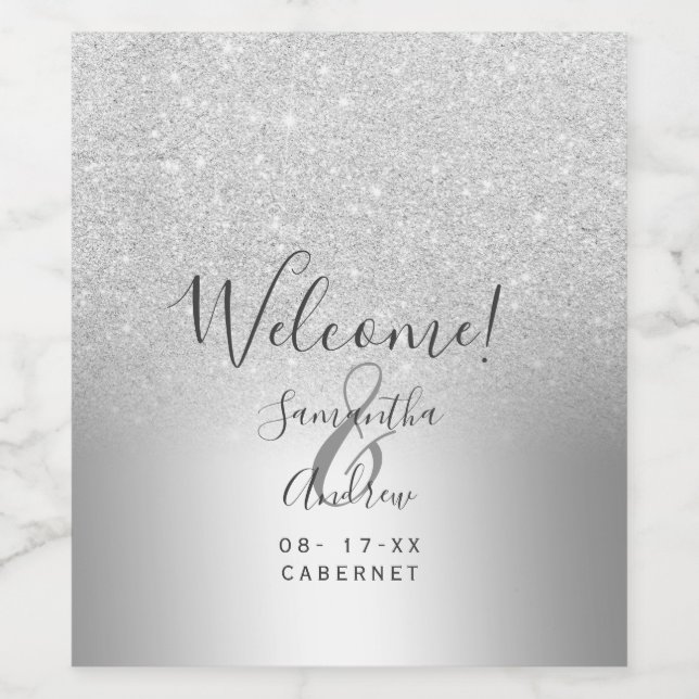 Silver glitter ombre metallic foil welcome wine label (Single Label)