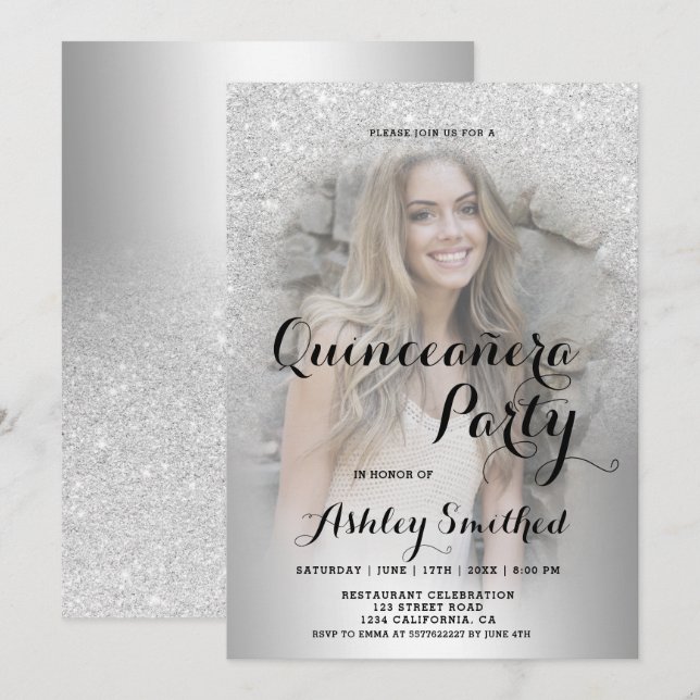 Silver glitter ombre metallic photo Quinceañera Invitation (Front/Back)