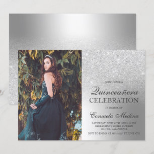 Silver glitter ombre metallic photo Quinceañera Invitation