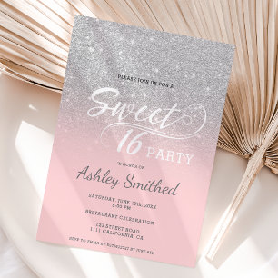Silver glitter ombre pink typography Sweet 16 Invitation