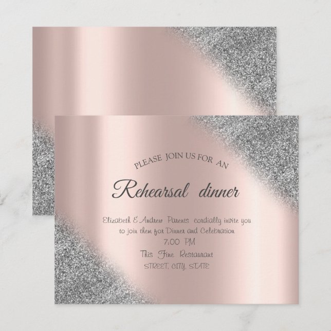 Silver Glitter Ombre Rose Gold Rehearsal Dinner  Invitation (Front/Back)