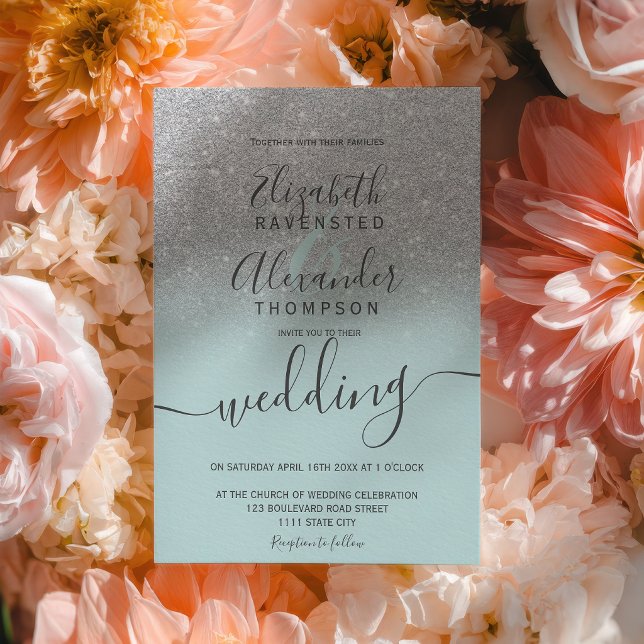 Silver glitter ombre sage green script wedding invitation (Silver glitter ombre sage green script wedding invitation)