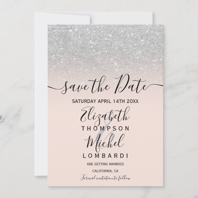 Silver glitter ombre script blush save the date (Front)