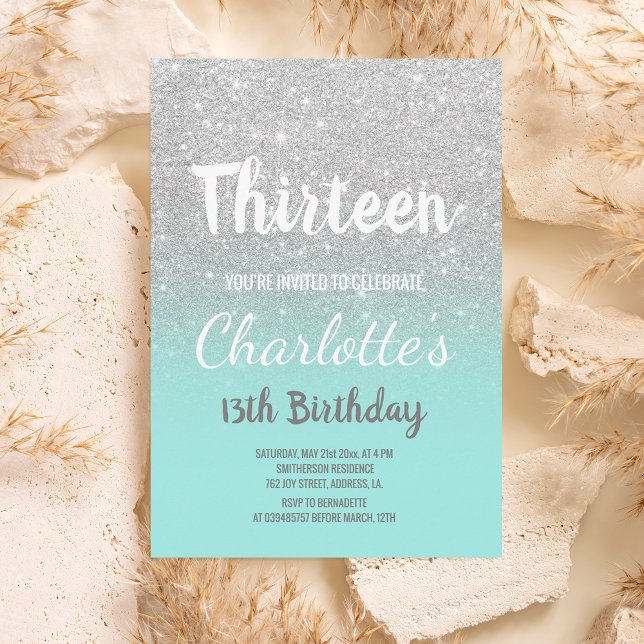 Silver glitter ombre teal script thirteen Birthday Invitation (Creator Uploaded)