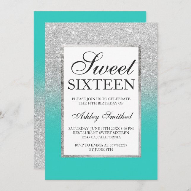 Silver glitter ombre turquoise chic Sweet 16 Invitation (Front/Back)
