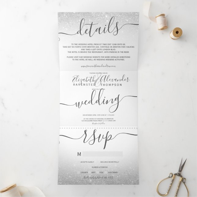 Silver glitter ombre white script chic wedding Tri-Fold invitation (Inside)