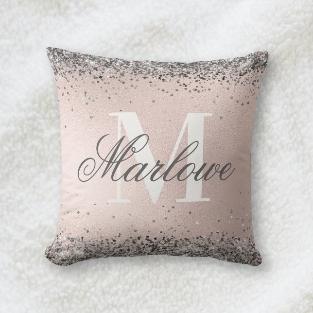 Silver Glitter on Blush Pink Monogram Cushion (Creator Uploaded)