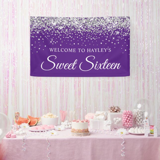 Silver Glitter on Royal Purple Sweet Sixteen Banner (Party)