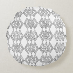 Silver Glitter Overlap Diamond Pattern Round Cushion