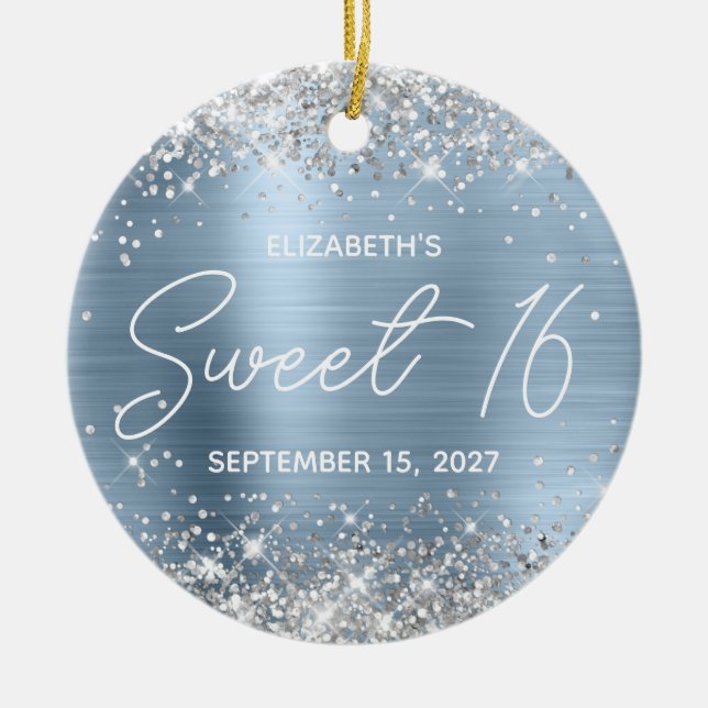 Silver Glitter Pale Blue Fancy Sweet 16 Photo Ceramic Ornament (Front)