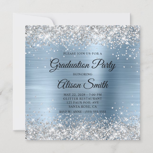 Silver Glitter Pale Blue Monogram Graduation Party Invitation (Front)