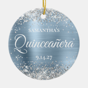 Silver Glitter Pale Blue Quinceañera Photo Ceramic Ornament
