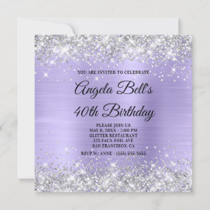 Silver Glitter Pale Lavender Shimmer Foil Monogram Invitation