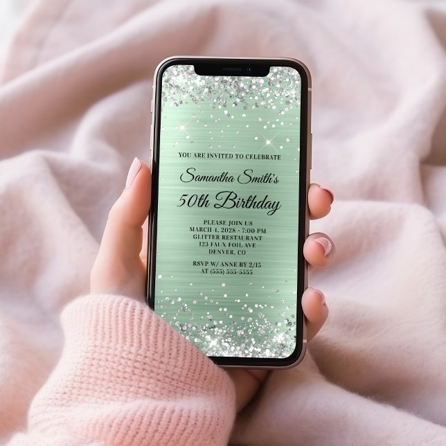 Silver Glitter Pale Mint Foil 50th Birthday Invitation (Silver Glitter Pale Mint Foil 50th Birthday Invitation)