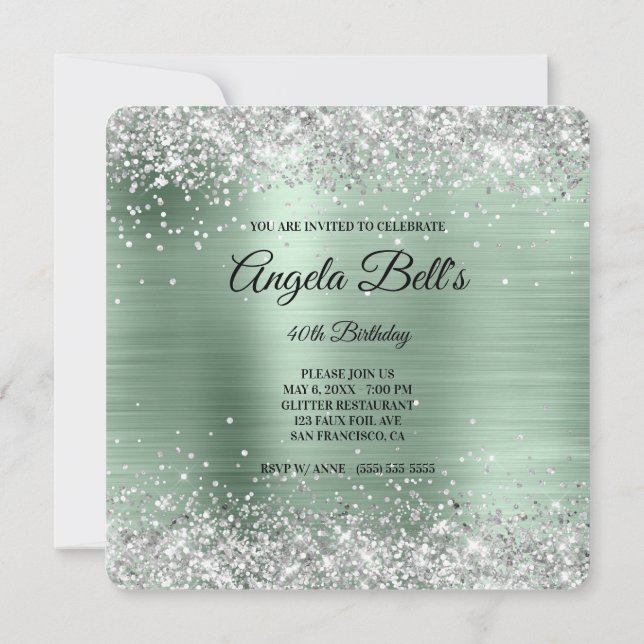 Silver Glitter Pale Mint Foil Fancy Monogram Invitation (Back)