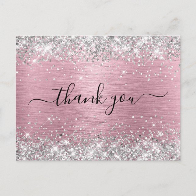 Silver Glitter Pale Pink Birthday Thank You Postcard (Front)