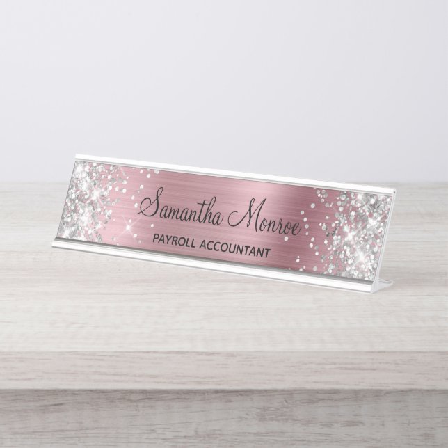 Silver Glitter Pale Pink Foil Desk Name Plate (Front)