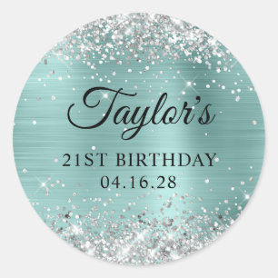 Silver Glitter Pale Turquoise Foil 21st Birthday Classic Round Sticker