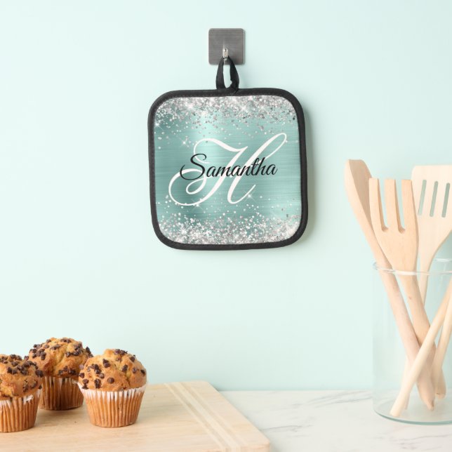 Silver Glitter Pale Turquoise Foil Fancy Monogram Pot Holder (Insitu(Hanging))