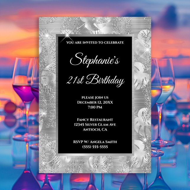 Silver Glitter Palm and Monstera Leaves Birthday Invitation (Silver Glitter Palm and Monstera Leaves Birthday Invitation)