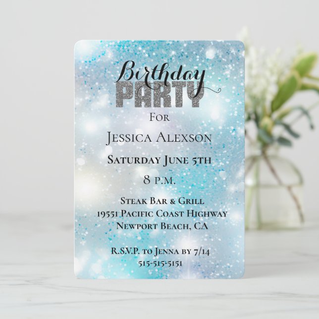 Silver Glitter Party Aqua Blue Bokeh Birthday  Invitation (Standing Front)