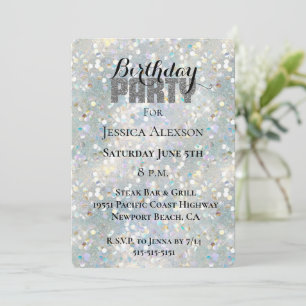 Silver Glitter Party Blue White Bokeh Birthday  Invitation